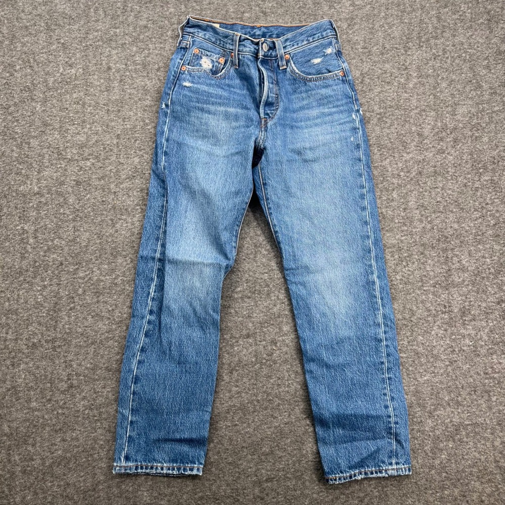Levis 501 Original Cropped Jeans‎ Womens 24 Medium Wash Blue Distressed